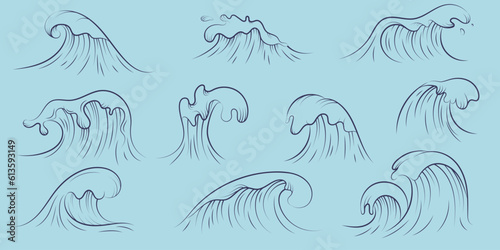 Vector sea waves collection. Isolated ocean water splash set in cartoon style.
