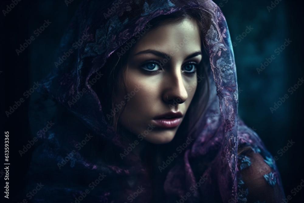 beautiful blue-eyed young woman with a purple lace scarf created with Generative AI technology