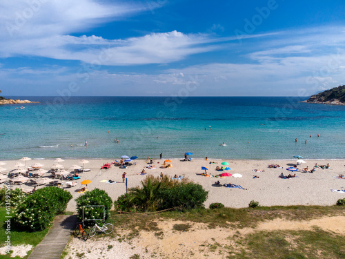 View from the drone of Porto Frailis beach with white sand and crystal clear water. Arbatax, Tortolì, Ogliastra, Sardinia, Italy