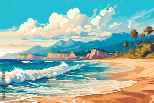 beach coast with mountains and sea, vector illustration