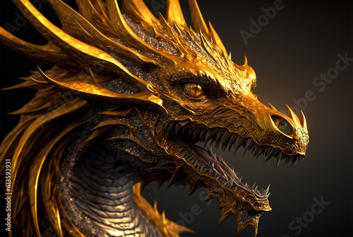 Portrait of a gold dragon on a black background. Created with Generative AI.