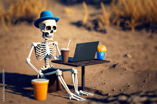 Skeleton working behind a laptop outdoors on a sunny day. Created with Generative AI. photo