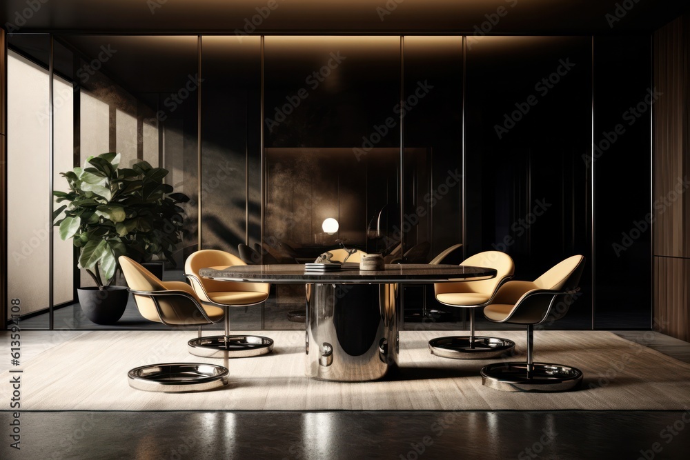 Dining room details. 3d render of luxurious dining room table with chairs and wooden details. Elegant interior design 3d render generative ai