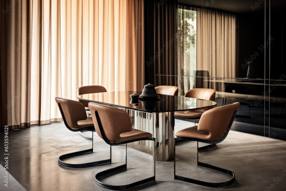 Fototapeta premium Dining room details. 3d render of luxurious dining room table with chairs and wooden details. Elegant interior design 3d render generative ai
