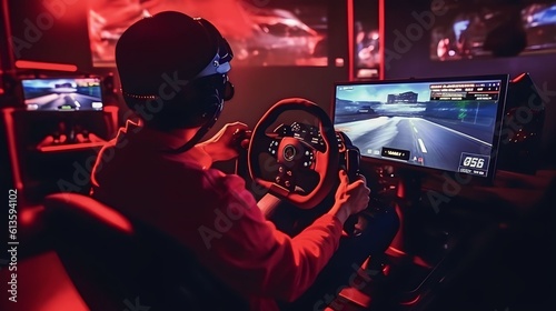 professional gamers playing online car racing esport simulator with steering wheel competition, Generative AI photo