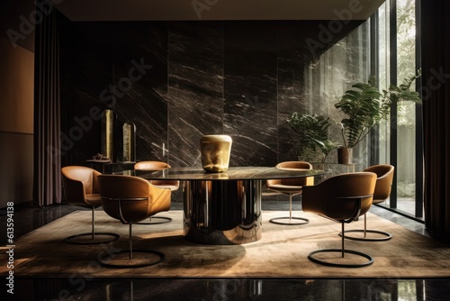 Dining room details. 3d render of luxurious dining room table with chairs and wooden details. Elegant interior design 3d render generative ai © aboutmomentsimages