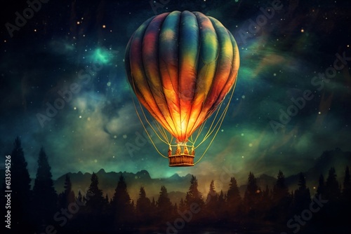 glowing hot air balloon in the starry sky over a forest created with Generative AI technology