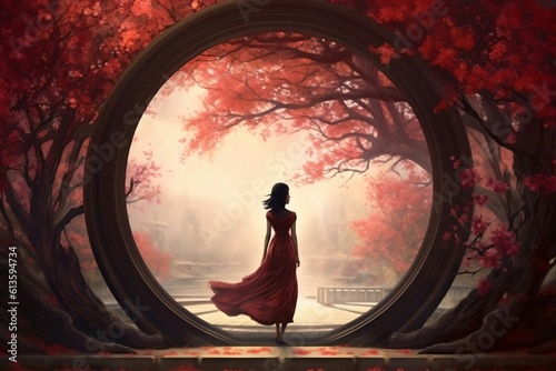 woman in red dress stands in front of a circular passage next to flowering trees created with Generative AI technology