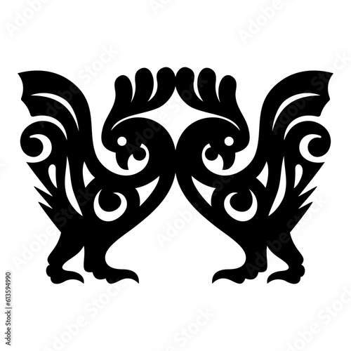Battling Roosters silhouette. Folk style design. Vector clipart isolated on white.