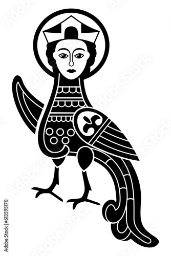 Silhouette of Siren or Paradise Bird, Firebird. Ancient folk symbol. Vector clipart, isolated on white.
