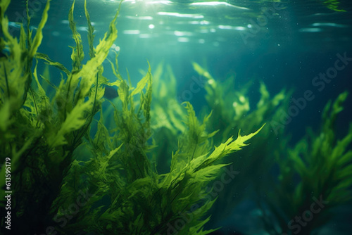 Seabed Filled With Algae With Light Leaking From The Surface Created With Artificial Intelligence