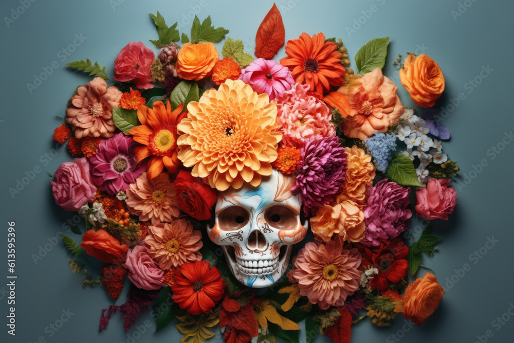 Skull decorated with colorful flowers. Traditional Mexican holiday 