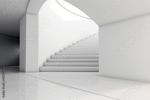 White empty room with a glossy floor and a white staircase with a light glare. AI generated.