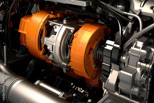 Modern electric motor of an electric car, close-up. Generated by AI.