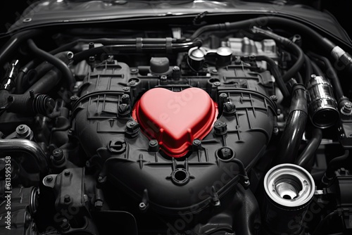 Creative concept for car care. Car engine with a red heart. Generated AI.