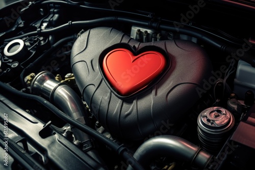 Creative concept for car care. Car engine with a red heart. Generated AI.