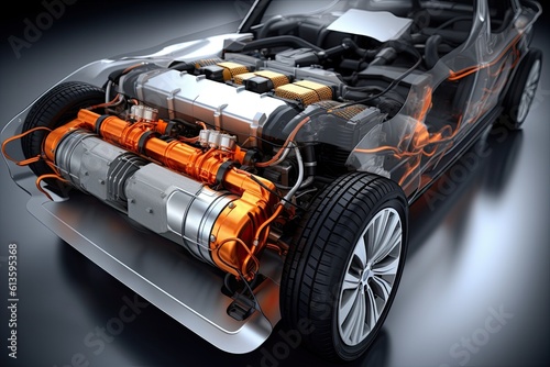 Modern electric car in the process of being assembled. AI generated.