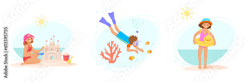 Set of summer holidays with children at sea. Little boy dives with  mask under water, girl in Panama hat and swimsuit with an inflatable circle, child builds sand castle on beach. Vector illustration.