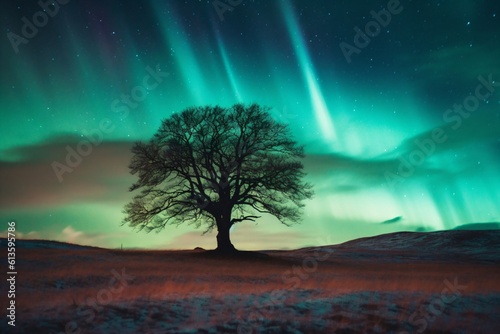single bare tree on a grassy landscape, night sky with polar lights created with Generative AI technology