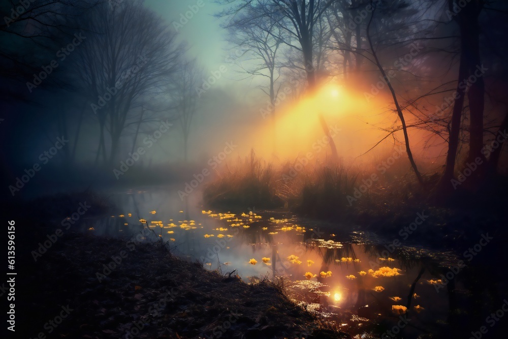 Relaxing magic soft fog and lights scene Generative AI