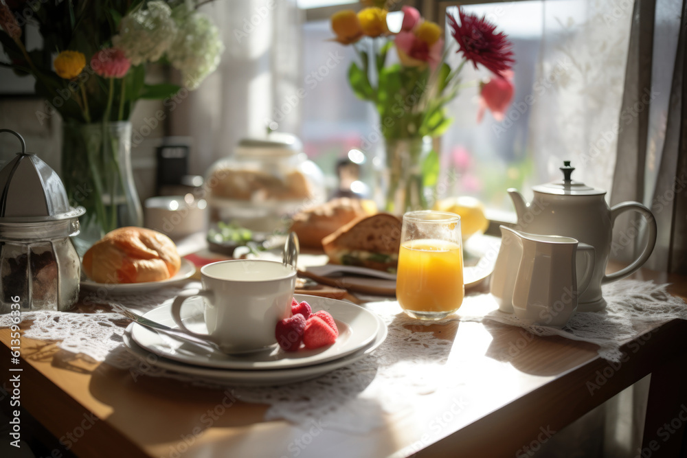 Breakfast table setting with pastry and tea