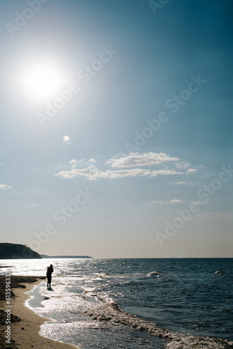 Silhouette of person on the seashore on a sunny day, vertical view