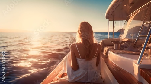 Rear view woman relaxing on a luxury boat, generative AI © Salsabila Ariadina