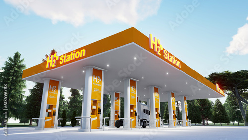 Hydrogen fuel car charging station white color visual concept design. Power chargering station. 3d Rendering. Hydrogen fuel car charging station white color visual concept design. h2o station.