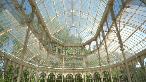 Glass roof of a glass palace or greenhouse, from the Retiro park, Madrid, Spain. photo