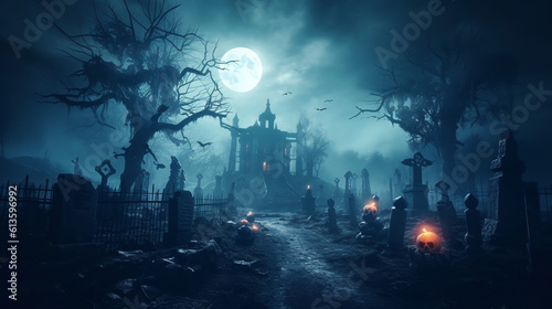 an eerie cemetery with crosses and tombstones, crooked trees and thick fog. background for the holiday halloween. ai generative