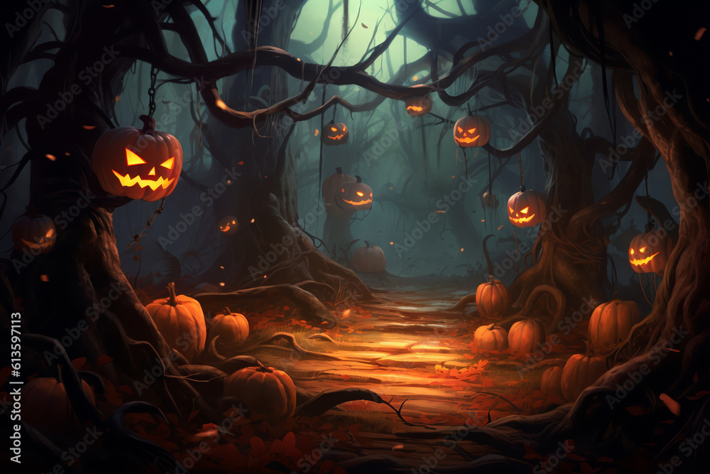 spooky dark forest with twisted trees and pumpkins with glowing eyes. background for halloween holiday. ai generative