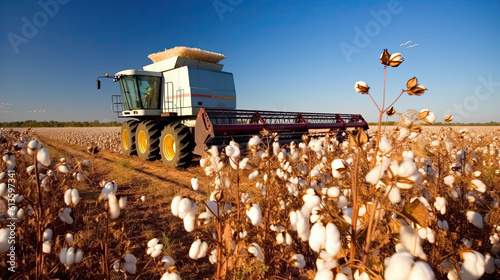 Harvesting cotton on the field with a combine harvester. Generative AI.