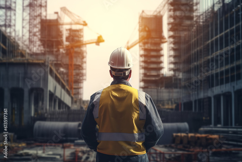 a working builder in a protective helmet stands against the background of a construction or industrial site, rear view. labor day. AI generative