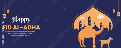  Eid ul-Adha banner Celebration of Muslim holiday the sacrifice a camel, sheep and goat.