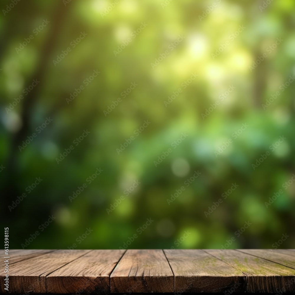 Illustration, Generative AI. An empty rough table on a blurry green background. Illustration, Generative AI. An empty rough table on a blurry green background.