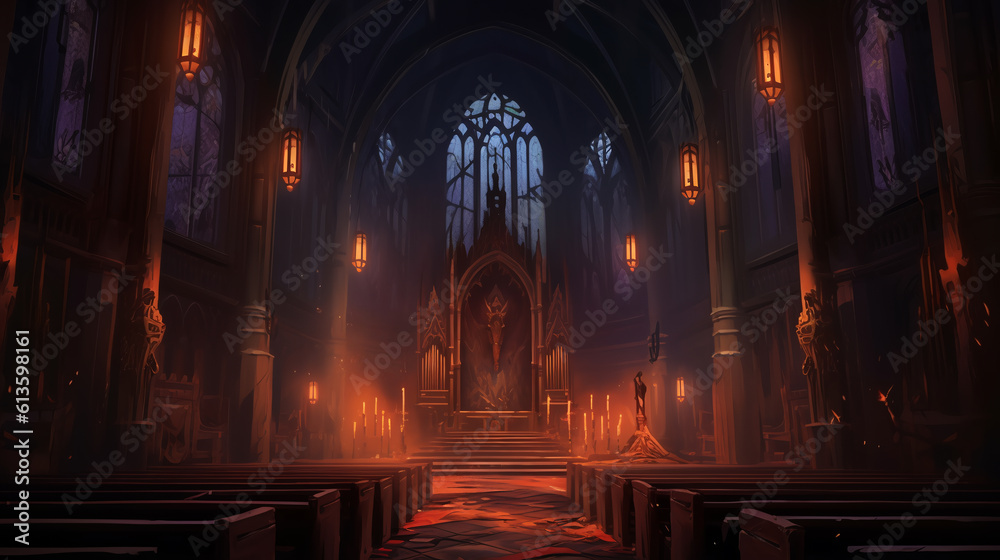 a dark and atmospheric Halloween background with a haunted church, stained glass windows and spooky singing. ai generative