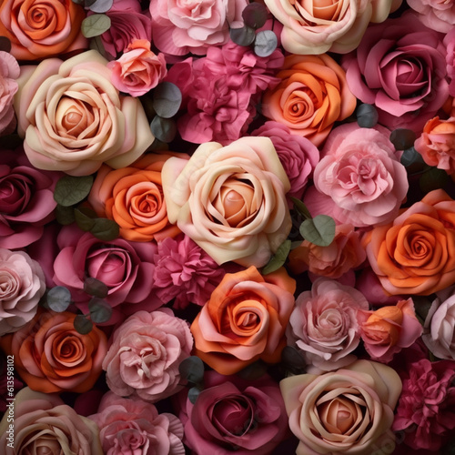 Illustration, Generative AI. Beautiful floral background, roses, top view, backdrop, flowers. © MaskaRad