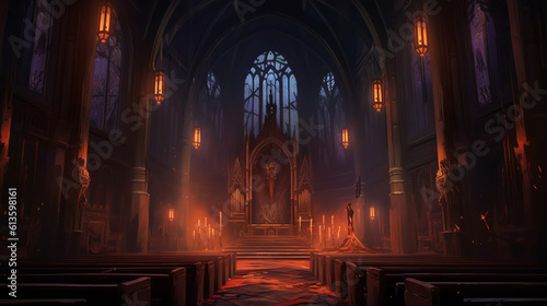 a dark and atmospheric Halloween background with a haunted church  stained glass windows and spooky singing. ai generative