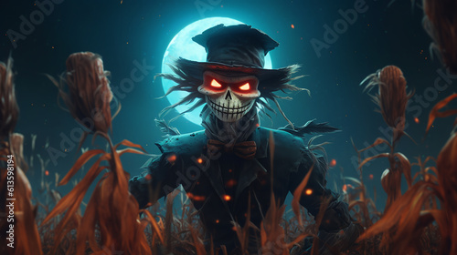 animated spooky scarecrow in a corn field on halloween night. atmospheric chilling background. ai generative