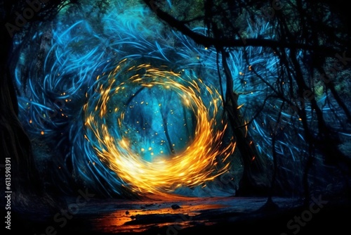 magic circle of yellow glowing dots surrounded by flying blue lights in the forest created with Generative AI technology