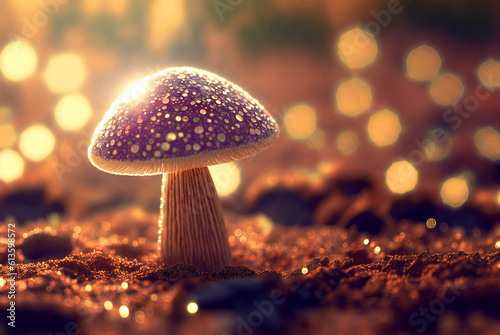 Mystery mushroom on the bump. Fairytale background with mystic mushroom. Generated AI.