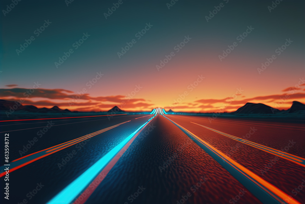 Naklejka premium Road to the horizon concept with synthwave colors. Abstract background with surreal night way in 80s style. Generated AI.
