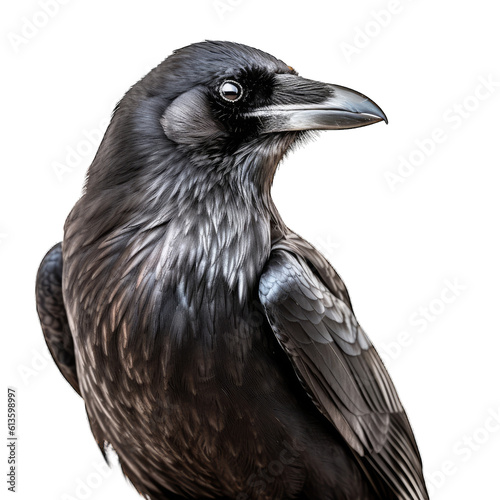  black bird with striking details against a clean white background