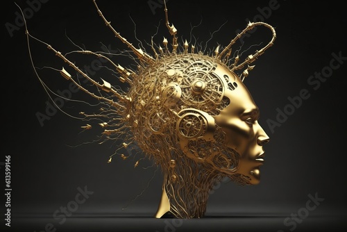 3D rendering of a human head made of gears and cogwheel. Illustration of the mental health concept. Brain as a mechanism. AI Generated.