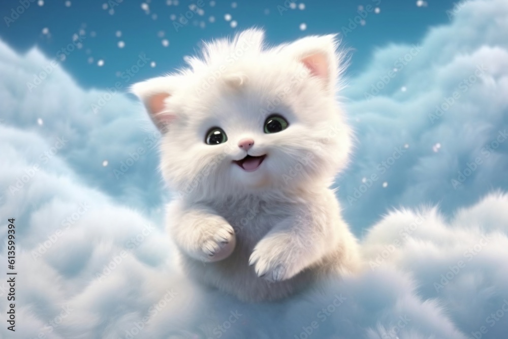 illustration of cute white kitty in the clouds created with Generative AI technology