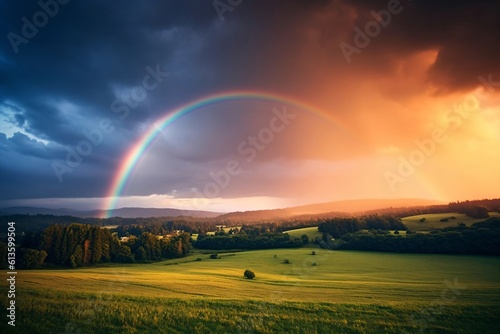 rainbow in the evening sky spans a green landscape created with Generative AI technology