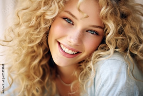 beautiful young woman with curly blonde hair has a charming smile created with Generative AI technology