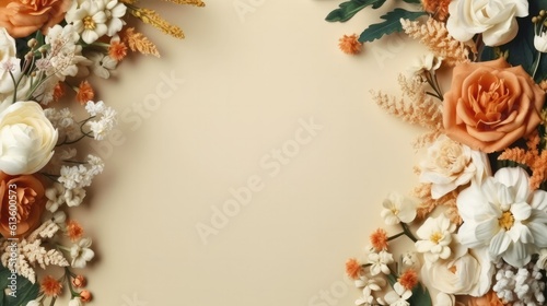 Flowers composition. Rose flowers on beige background. A frame decorated with flowers blank space for text. Valentines day, mothers day, womens day concept. Flat lay, top view, copy space