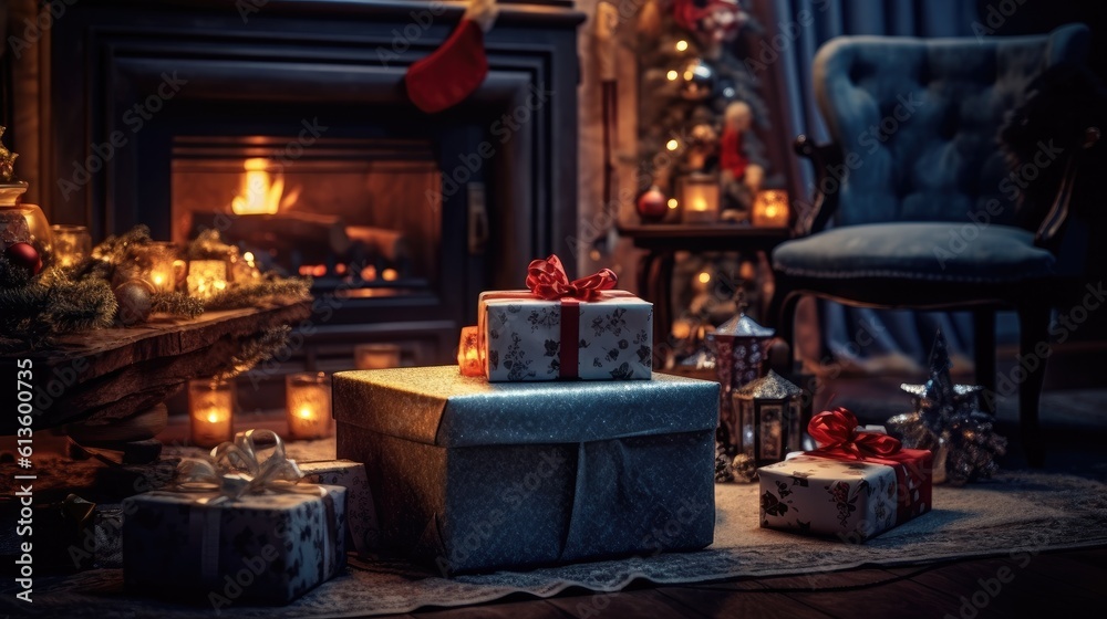 Christmas tree with decorations near a fireplace with lights. Christmas home room - gift box on the floor with lights and fireplace. Christmas tree with decorations near a fireplace with lights. Christmas home room - gift box on the floor with lights and fireplace.