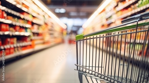 Close up cart in super market department store shopping. Abstract blurred photo of store with trolley in department store bokeh background. Generative AI.